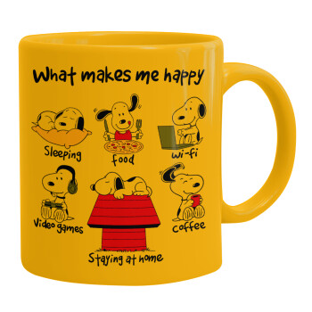 Snoopy what makes my happy, Ceramic coffee mug yellow, 330ml (1pcs)