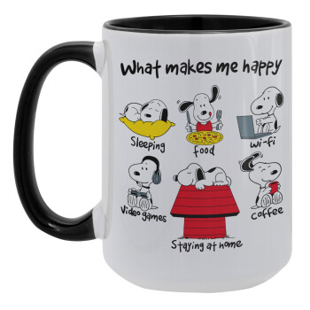 Snoopy what makes my happy, Κούπα Mega 15oz, κεραμική Μαύρη, 450ml