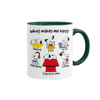 Snoopy what makes my happy, Κούπα χρωματιστή πράσινη, κεραμική, 330ml