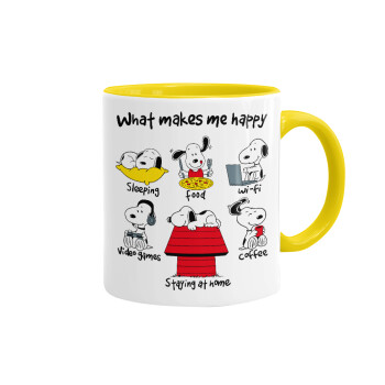 Snoopy what makes my happy, Κούπα χρωματιστή κίτρινη, κεραμική, 330ml