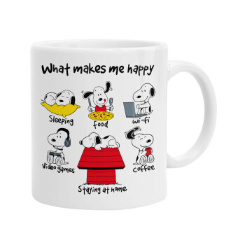 Snoopy what makes my happy, Ceramic coffee mug, 330ml (1pcs)