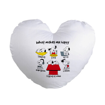 Snoopy what makes my happy, Μαξιλάρι καναπέ καρδιά 40x40cm περιέχεται το  γέμισμα