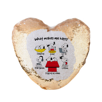 Snoopy what makes my happy, Μαξιλάρι καναπέ καρδιά Μαγικό Χρυσό με πούλιες 40x40cm περιέχεται το  γέμισμα