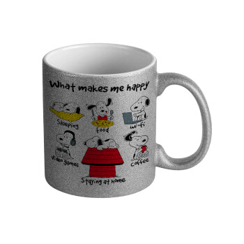 Snoopy what makes my happy, Κούπα Ασημένια Glitter που γυαλίζει, κεραμική, 330ml