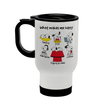 Snoopy what makes my happy, Stainless steel travel mug with lid, double wall white 450ml