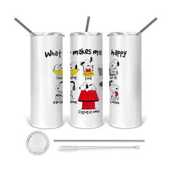 Snoopy what makes my happy, Tumbler ποτήρι θερμό από ανοξείδωτο ατσάλι 600ml, με μεταλλικό καλαμάκι & βούρτσα καθαρισμού