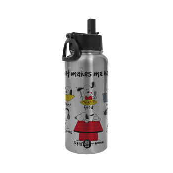 Snoopy what makes my happy, Metal mug thermo Silver with Straw and Spout Lid (Stainless steel), double wall, 950ml