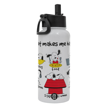 Snoopy what makes my happy, Metal mug thermo White with Straw and Spout Lid (Stainless steel), double wall, 950ml