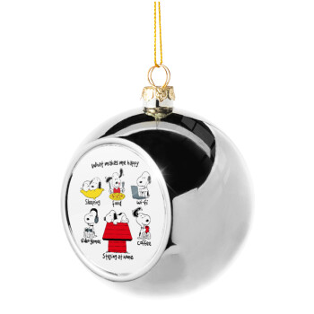 Snoopy what makes my happy, Silver 8cm Christmas tree ball ornament