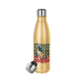 Kylian Mbappé, Glitter gold stainless steel thermos bottle, double-walled, 500ml