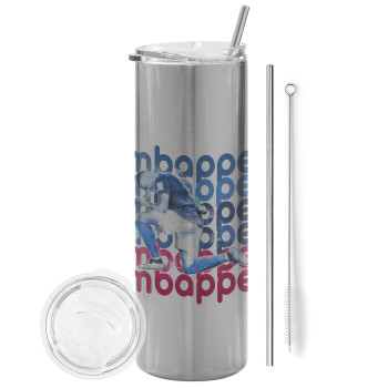 Κιλιάν Μπαπέ, Eco friendly ποτήρι θερμό Ασημένιο (tumbler) από ανοξείδωτο ατσάλι 600ml, με μεταλλικό καλαμάκι & βούρτσα καθαρισμού