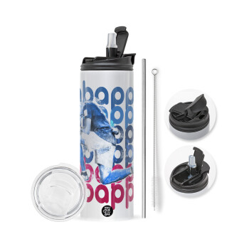 Kylian Mbappé, Travel Tumbler 2 Lids, with metal straw & cleaning brush (Stainless steel 304 Food grade, BPA free, 600ml)