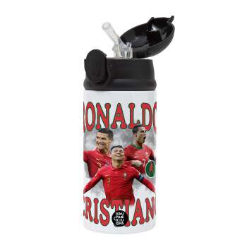 Cristiano Ronaldo, Children's hot water bottle, stainless steel, with safety straw, Black (360ml) BPA-FREE