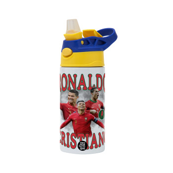 Cristiano Ronaldo, Children's hot water bottle, stainless steel, with safety straw, green, blue (360ml) BPA FREE