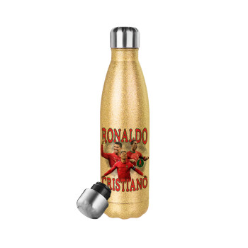 Cristiano Ronaldo, Glitter gold stainless steel thermos bottle, double-walled, 500ml