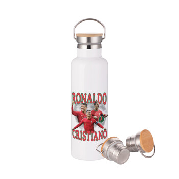 Cristiano Ronaldo, Stainless steel White with wooden lid (bamboo), double wall, 750ml