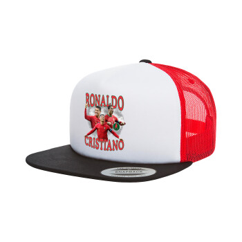 Cristiano Ronaldo, Adult Foam Flat Snapback with Mesh Black-White-Red (POLYESTER, ADULT, UNISEX, ONE SIZE)