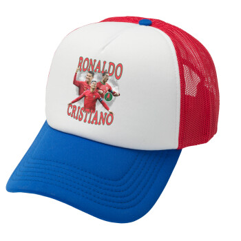 Cristiano Ronaldo, Adult Soft Trucker Hat with Red/Blue/White Mesh (POLYESTER, ADULT, UNISEX, ONE SIZE)