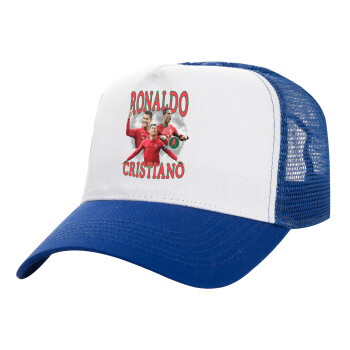 Cristiano Ronaldo, Adult Structured Trucker Hat, with Mesh, WHITE/BLUE (100% COTTON, ADULT, UNISEX, ONE SIZE)