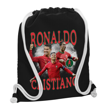 Cristiano Ronaldo, Τσάντα πλάτης πουγκί GYMBAG Μαύρη, με τσέπη (40x48cm) & χονδρά λευκά κορδόνια
