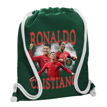 Cristiano Ronaldo, Τσάντα πλάτης πουγκί GYMBAG BOTTLE GREEN, με τσέπη (40x48cm) & χονδρά λευκά κορδόνια