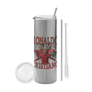 Cristiano Ronaldo, Eco friendly stainless steel Silver tumbler 600ml, with metal straw & cleaning brush