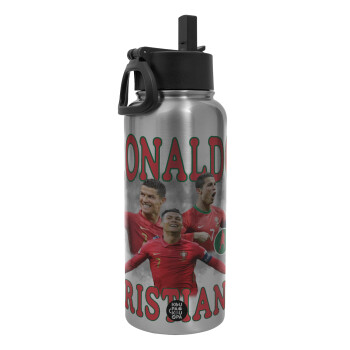 Cristiano Ronaldo, Metal mug thermo Silver with Straw and Spout Lid (Stainless steel), double wall, 950ml