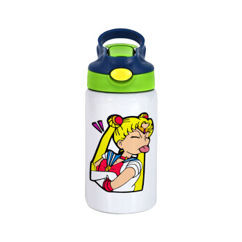 Sailor Moon, Children's hot water bottle, stainless steel, with safety straw, green, blue (350ml)