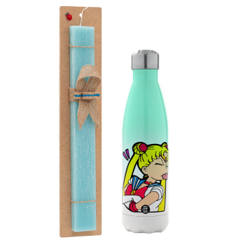 Sailor Moon, Easter Set, Metallic green/white thermos (Stainless steel), double-walled, 500ml & scented flat Easter candle (30cm) (TURQUOISE)