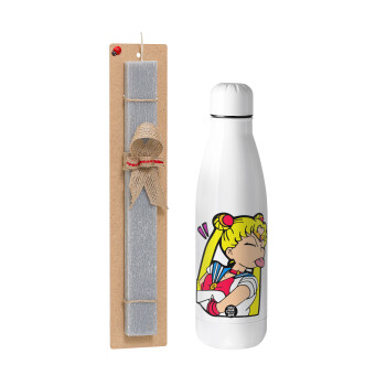 Sailor Moon, Πασχαλινό Σετ, μεταλλικό παγούρι Inox (700ml) & πασχαλινή λαμπάδα αρωματική πλακέ (30cm) (ΓΚΡΙ)