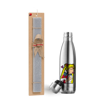 Sailor Moon, Easter Set, metallic stainless thermos flask (500ml) & scented flat Easter candle (30cm) (GRAY)