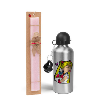 Sailor Moon, Easter Set, metallic Silver aluminum water bottle (500ml) & scented flat Easter candle (30cm) (PINK)