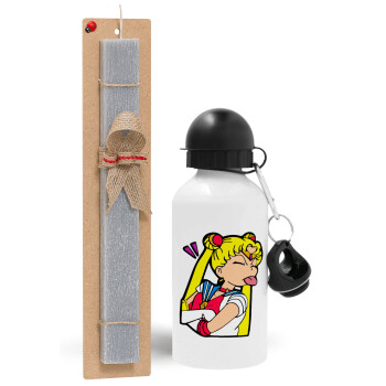 Sailor Moon, Easter Set, metallic aluminum water bottle (500ml) & aromatic flat Easter candle (30cm) (GRAY)