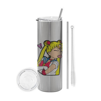 Sailor Moon, Eco friendly ποτήρι θερμό Ασημένιο (tumbler) από ανοξείδωτο ατσάλι 600ml, με μεταλλικό καλαμάκι & βούρτσα καθαρισμού