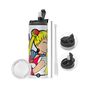 Sailor Moon, Travel Tumbler θερμό με διπλό καπάκι, μεταλλικό καλαμάκι και βούρτσα καθαρισμού (Ανωξείδωτο 304 Food grade, BPA free, 600ml)