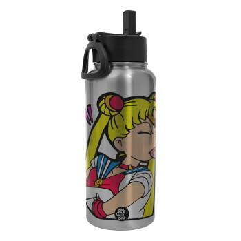 Sailor Moon, Metal mug thermo Silver with Straw and Spout Lid (Stainless steel), double wall, 950ml