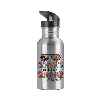 School's Out For Summer Teacher Life, Water bottle Silver with straw, stainless steel 600ml