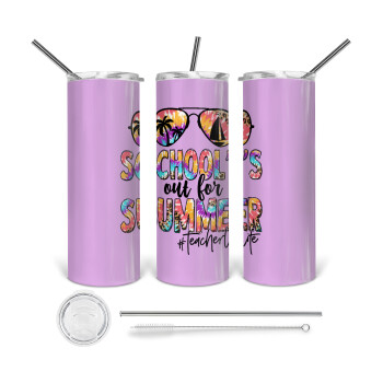 School's Out For Summer Teacher Life, 360 Eco friendly ποτήρι θερμό (tumbler) από ανοξείδωτο ατσάλι 600ml, με μεταλλικό καλαμάκι & βούρτσα καθαρισμού