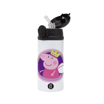 Peppa pig Queen, Children's hot water bottle, stainless steel, with safety straw, Black (360ml) BPA-FREE