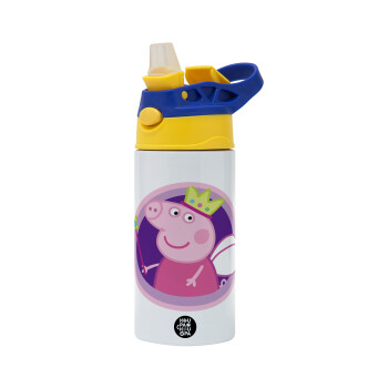 Peppa pig Queen, Children's hot water bottle, stainless steel, with safety straw, green, blue (360ml) BPA FREE