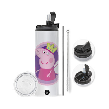 Peppa pig Queen, Travel Tumbler θερμό με διπλό καπάκι, μεταλλικό καλαμάκι και βούρτσα καθαρισμού (Ανωξείδωτο 304 Food grade, BPA free, 600ml)