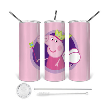 Peppa pig Queen, Tumbler ποτήρι θερμό από ανοξείδωτο ατσάλι 600ml, με μεταλλικό καλαμάκι & βούρτσα καθαρισμού