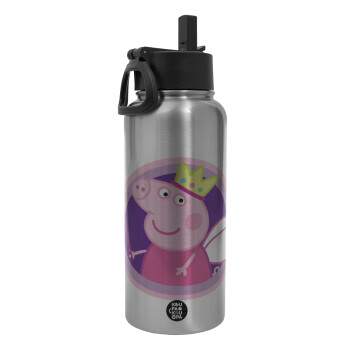 Peppa pig Queen, Metal mug thermo Silver with Straw and Spout Lid (Stainless steel), double wall, 950ml