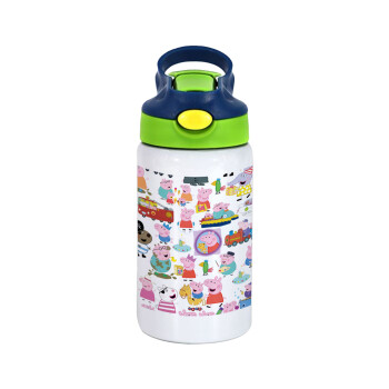 Peppa pig Characters, Children's hot water bottle, stainless steel, with safety straw, green, blue (350ml)