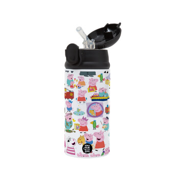 Peppa pig Characters, Children's hot water bottle, stainless steel, with safety straw, Black (360ml) BPA-FREE