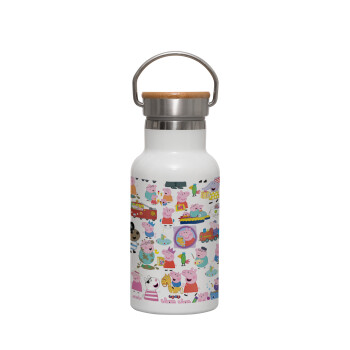 Peppa pig Characters, Metallic thermos (Stainless steel) White with wooden lid (bamboo), double-walled, 350ml