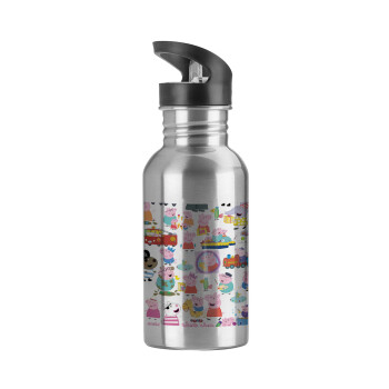 Peppa pig Characters, Water bottle Silver with straw, stainless steel 600ml