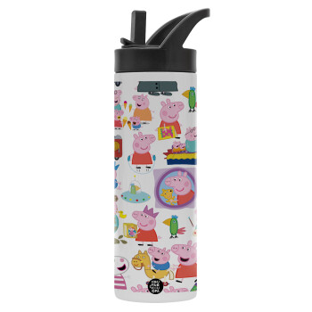 Peppa pig Characters, Metallic thermos bottle with straw & handle, stainless steel (Stainless steel 304), double-walled, 600ml.