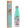 Easter Set, Metallic green/white thermos (Stainless steel), double-walled, 500ml & scented flat Easter candle (30cm) (TURQUOISE)