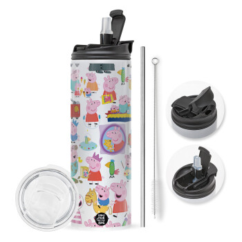 Peppa pig Characters, Travel Tumbler θερμό με διπλό καπάκι, μεταλλικό καλαμάκι και βούρτσα καθαρισμού (Ανωξείδωτο 304 Food grade, BPA free, 600ml)